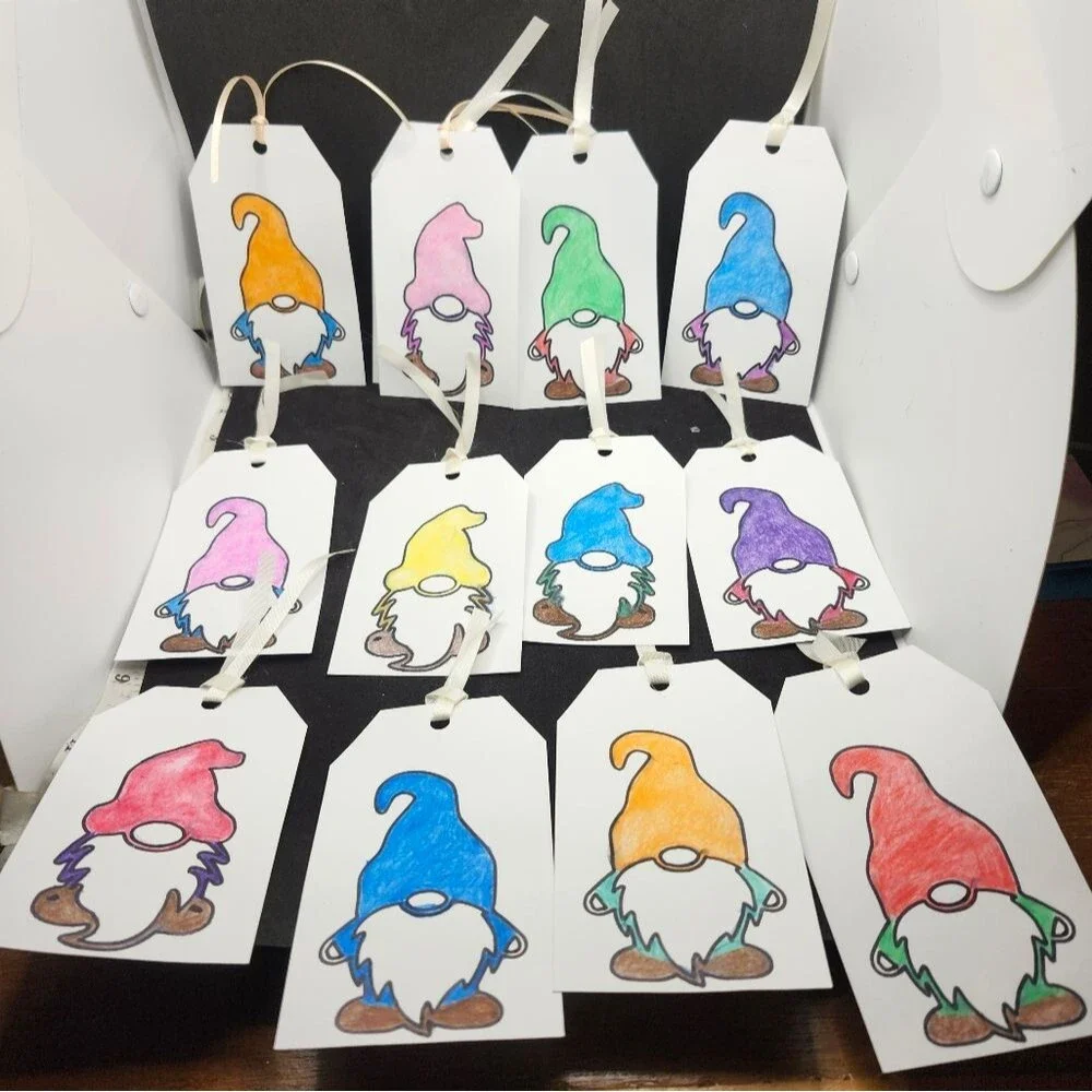 Hand Crafted Colorful Gnome Gift Tags Thank You Cards Set of 12